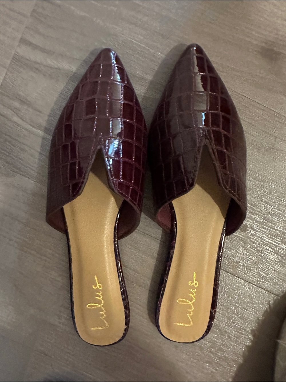Lulu's Wine Croc-Embossed Pointed Slip-On Mules